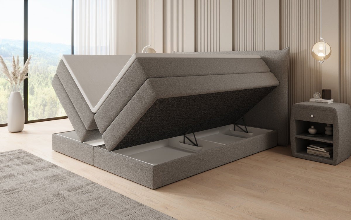 Boxspringbett Liana mit hochklappbarem Stauraum in Teddy Bouclé
