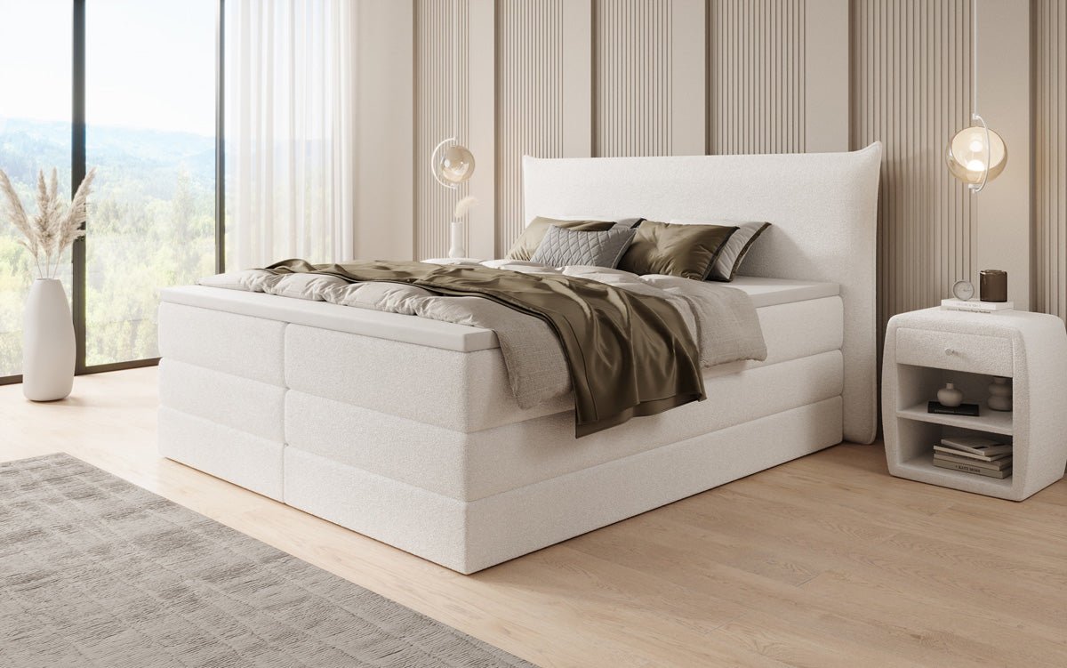 Boxspringbett Liana mit hochklappbarem Stauraum in Teddy Bouclé