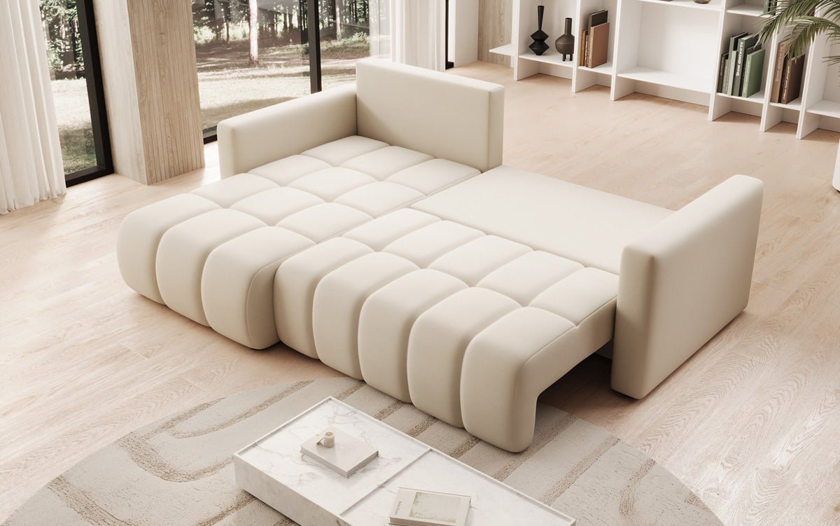 Designer sofa Beatrice L with sleeping and folding function in fabric