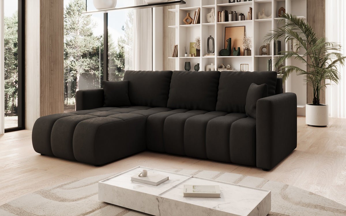 Designer sofa Beatrice L with sleeping and folding function in fabric