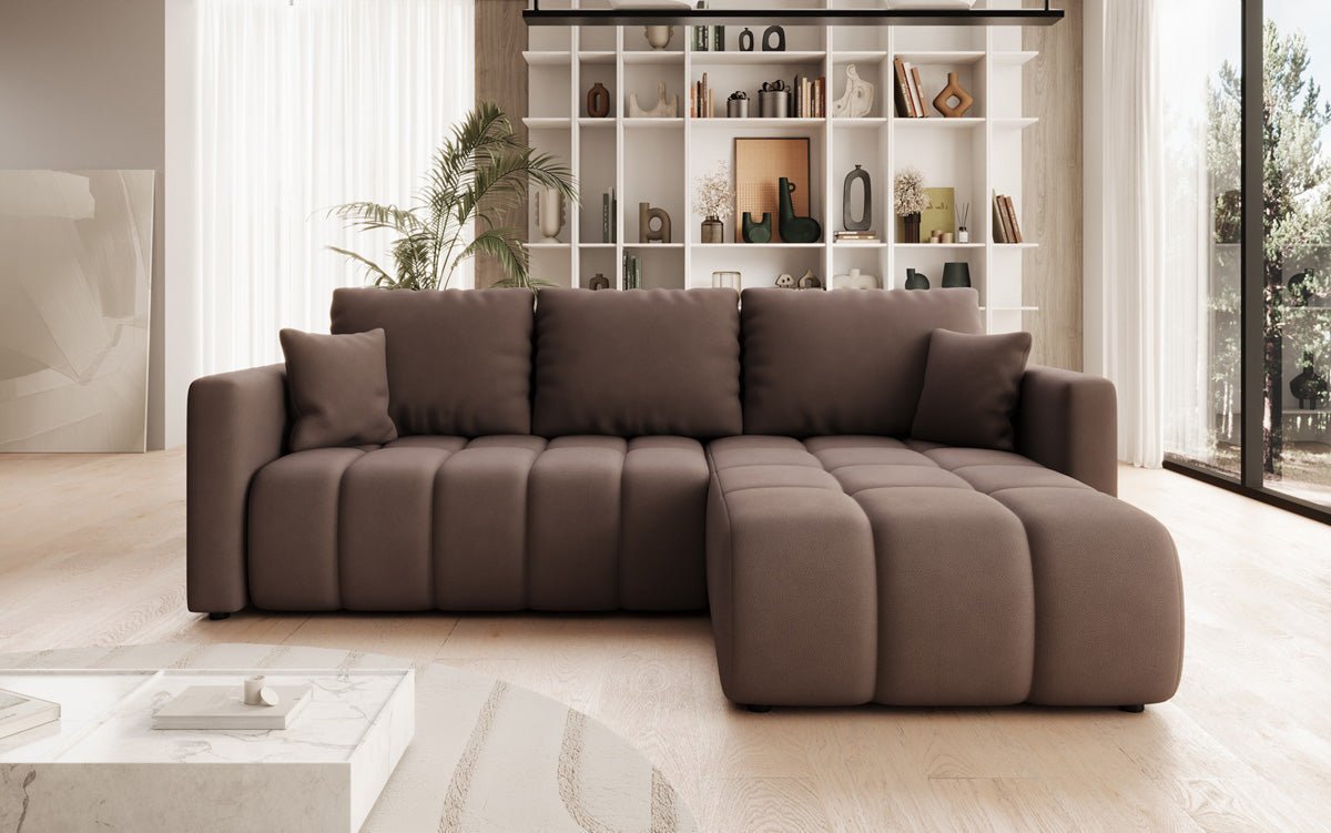 Designer sofa Beatrice L with sleeping and folding function in fabric