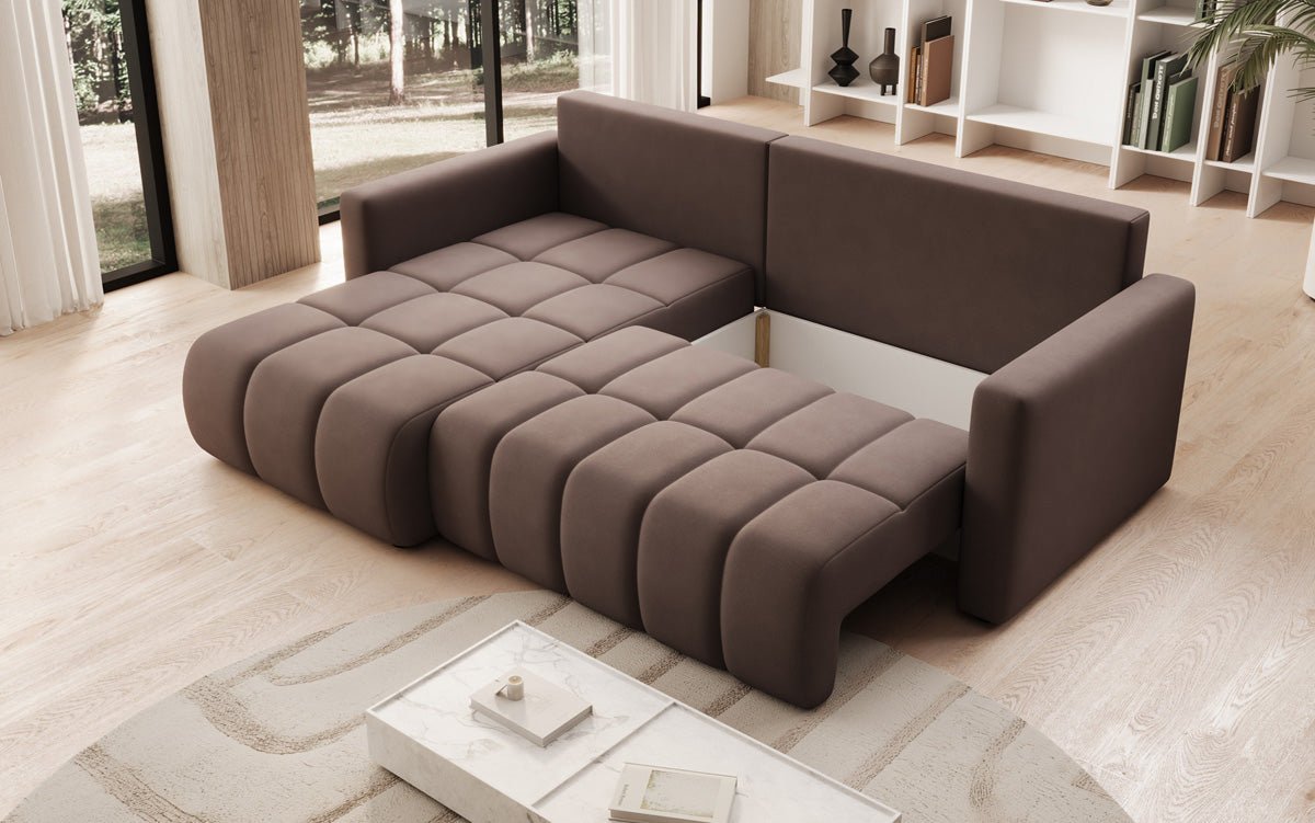 Designer sofa Beatrice L with sleeping and folding function in fabric