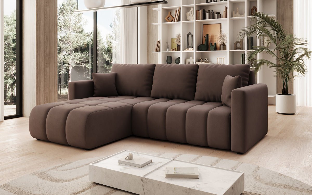Designer sofa Beatrice L with sleeping and folding function in fabric
