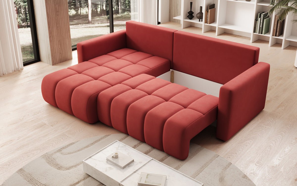 Designer sofa Beatrice L with sleeping and folding function in fabric