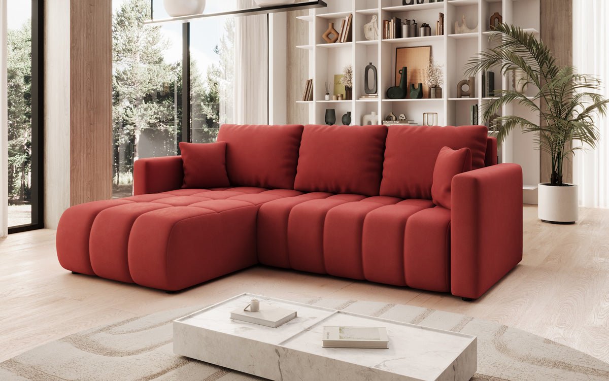 Designer sofa Beatrice L with sleeping and folding function in fabric