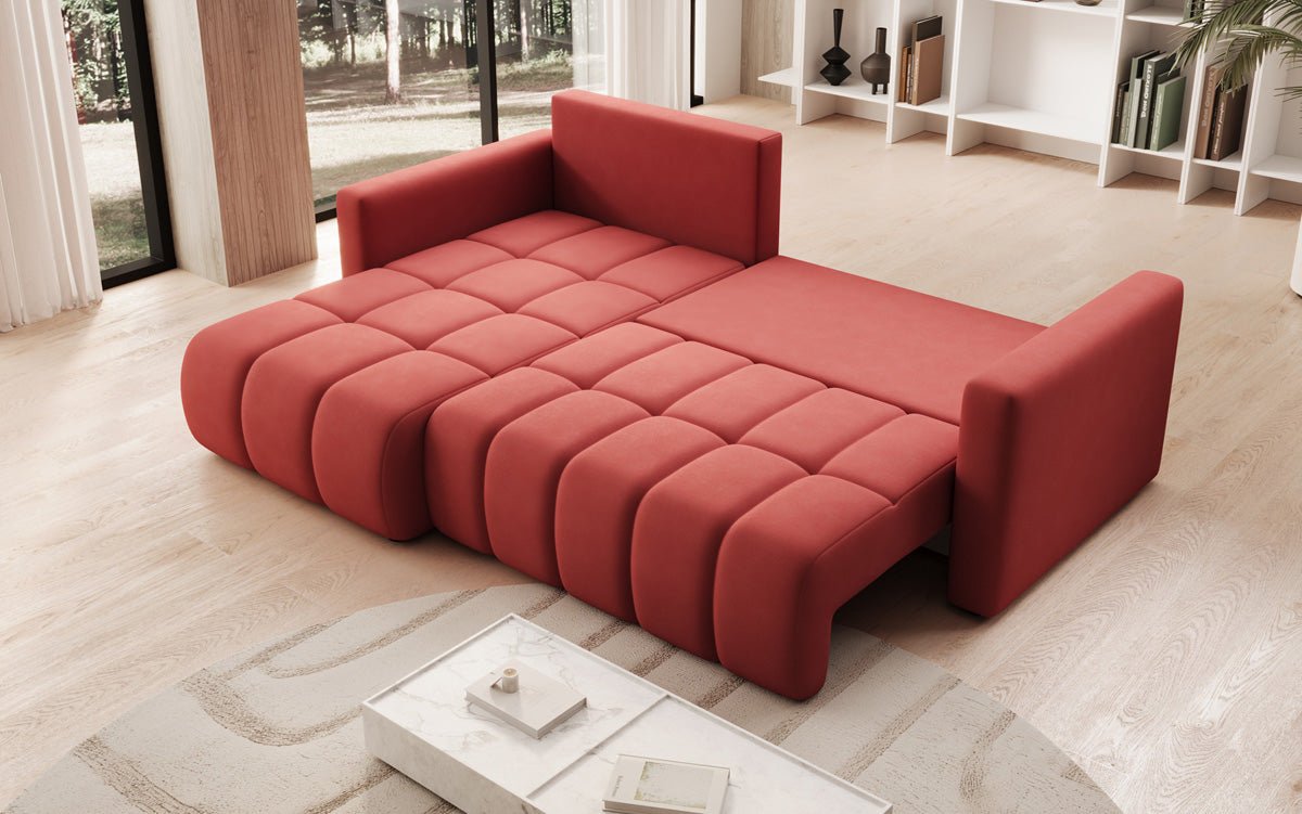 Designer sofa Beatrice L with sleeping and folding function in fabric