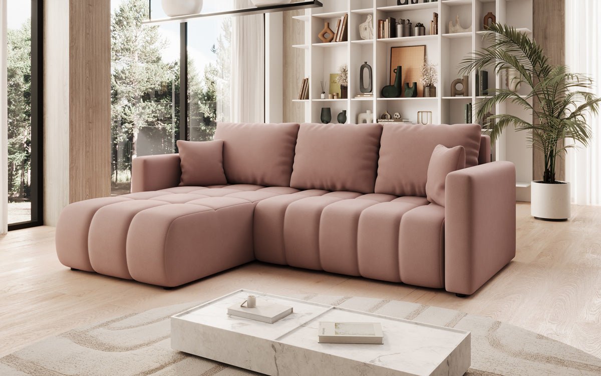 Designer sofa Beatrice L with sleeping and folding function in fabric