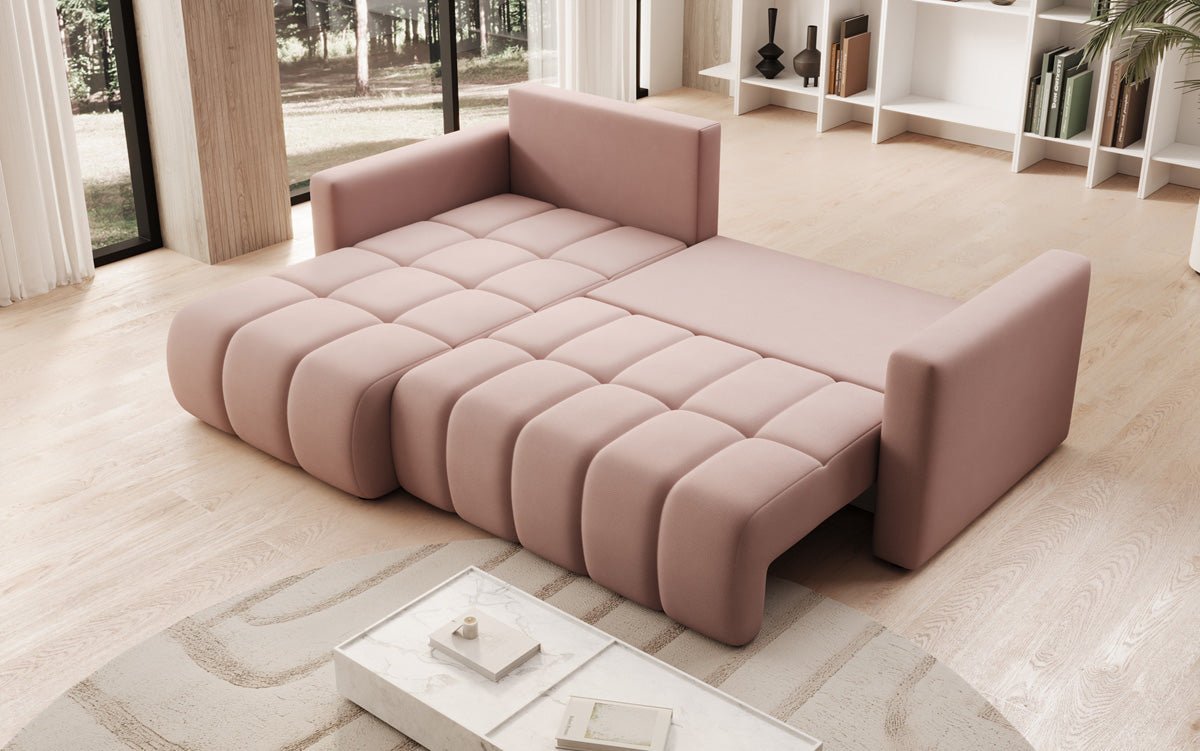 Designer sofa Beatrice L with sleeping and folding function in fabric