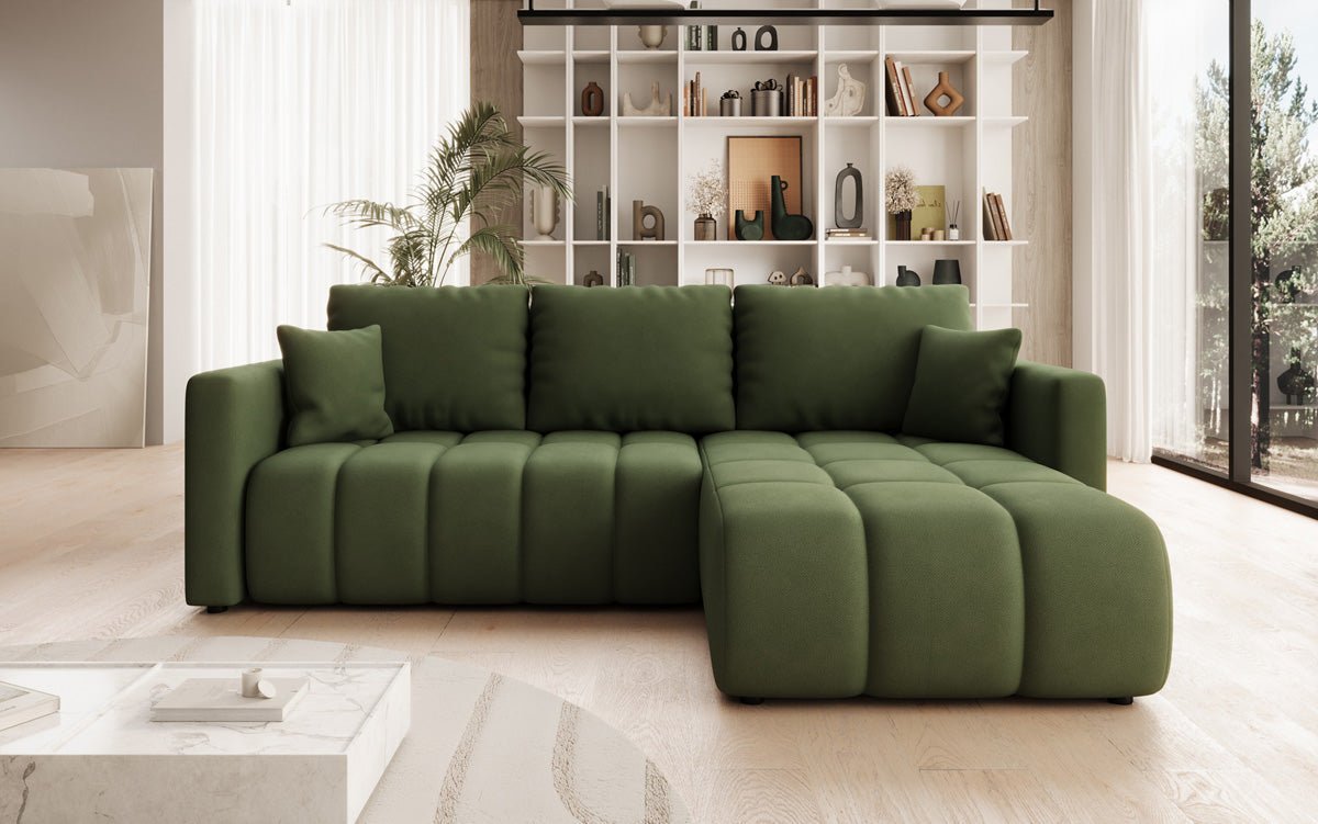 Designer sofa Beatrice L with sleeping and folding function in fabric