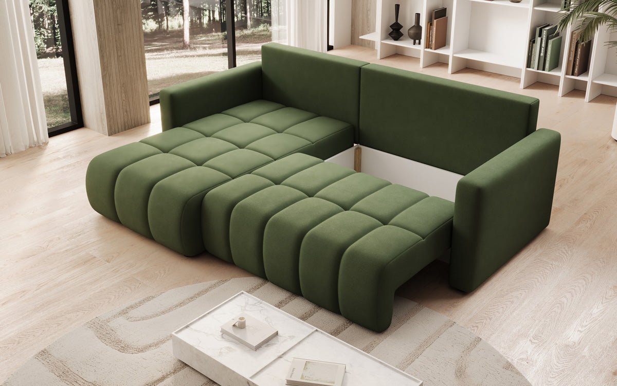 Designer sofa Beatrice L with sleeping and folding function in fabric