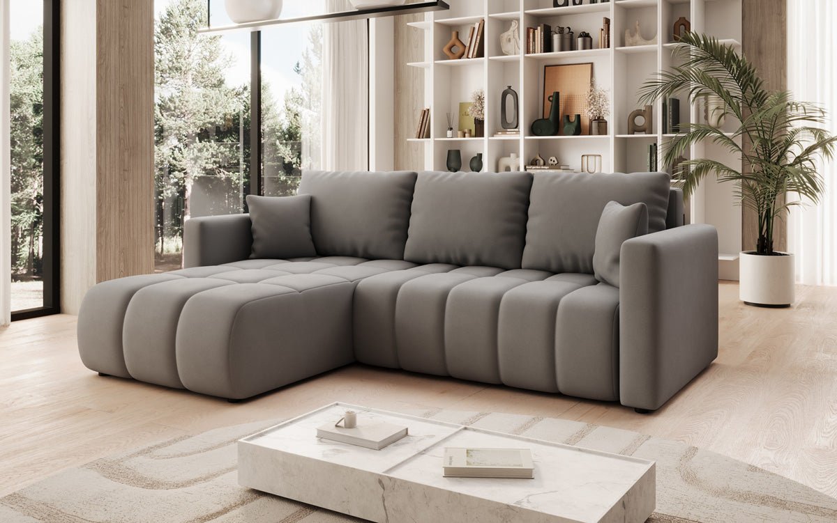 Designer sofa Beatrice L with sleeping and folding function in fabric