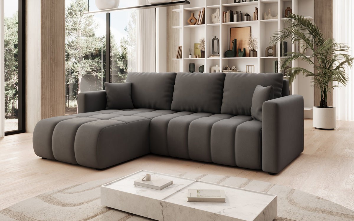 Designer sofa Beatrice L with sleeping and folding function in fabric