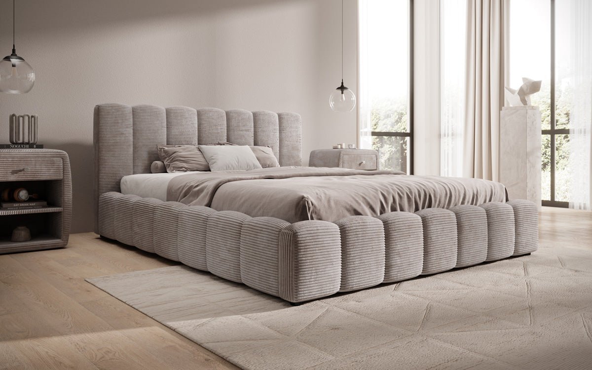 Designer Upholstered Bed Nuveo in Corduroy with Storage Space