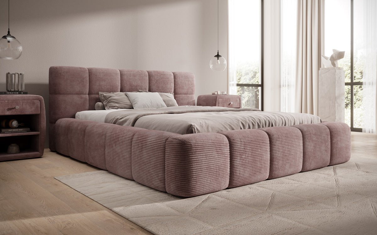 Designert Polsterbett Nox aus Cord mat Späicherplaz