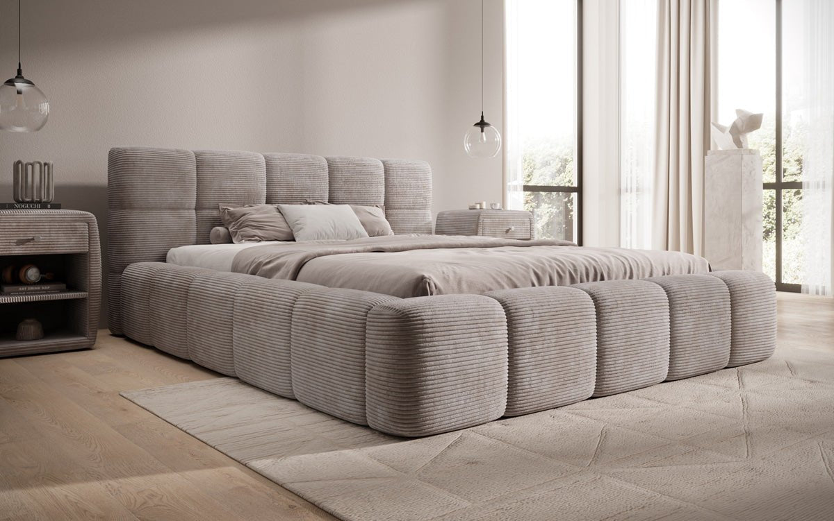 Designert Polsterbett Nox aus Cord mat Späicherplaz