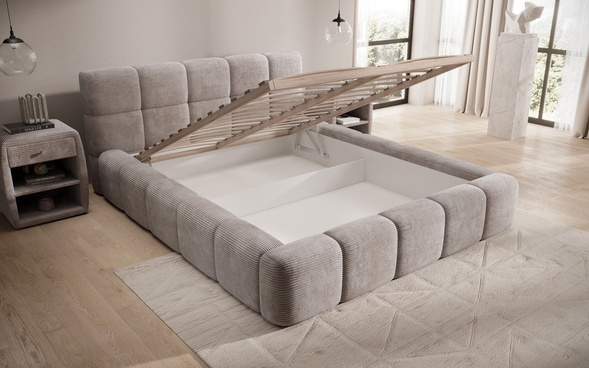 Designert Polsterbett Nox aus Cord mat Späicherplaz