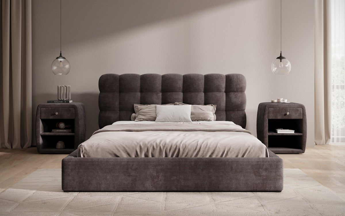 Lit rembourré design Calivo en côtelé avec rangement