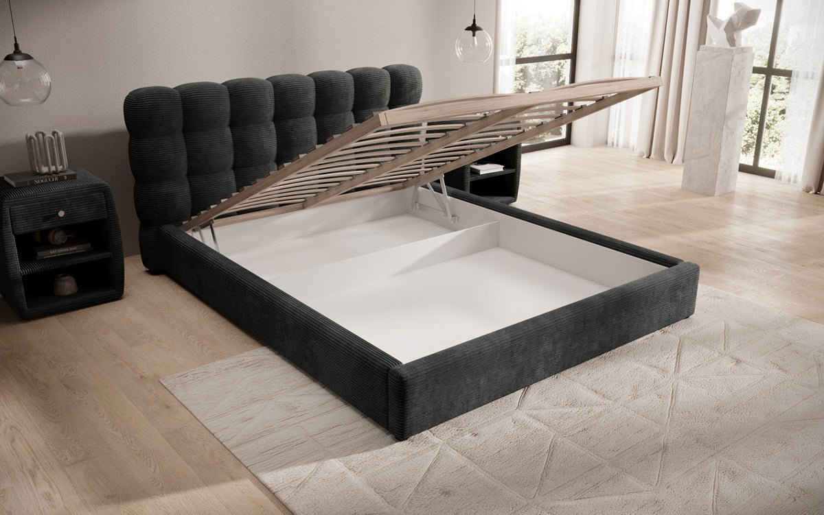 Lit rembourré design Calivo en côtelé avec rangement