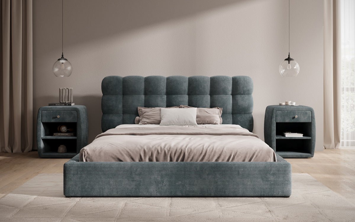 Lit rembourré design Calivo en côtelé avec rangement