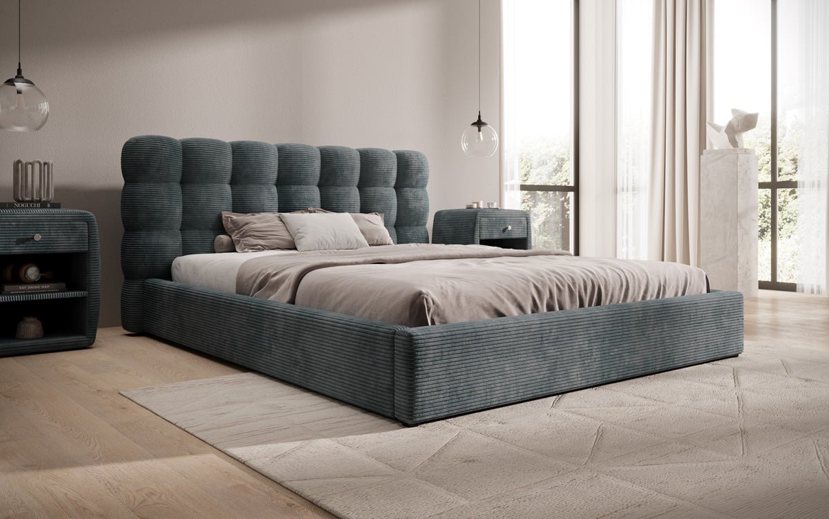 Lit rembourré design Calivo en côtelé avec rangement