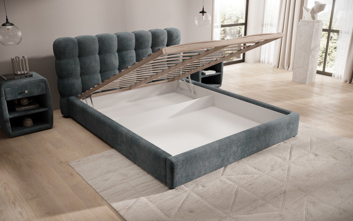 Lit rembourré design Calivo en côtelé avec rangement