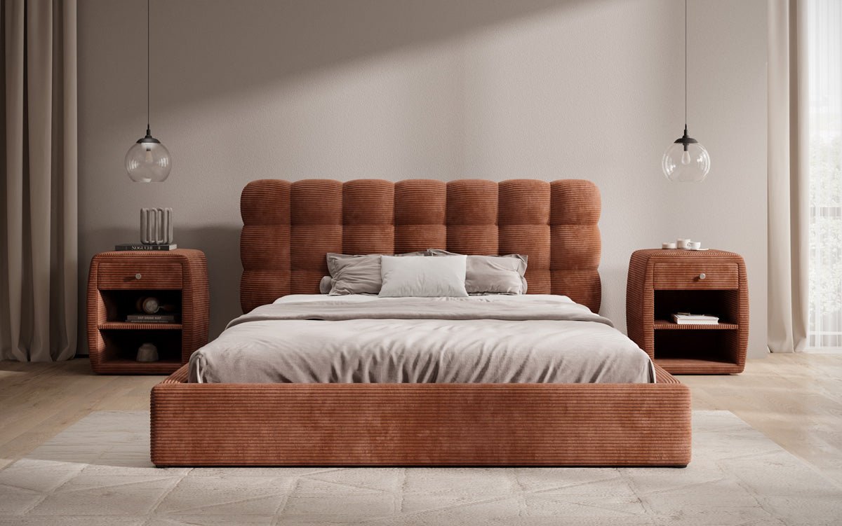 Lit rembourré design Calivo en côtelé avec rangement