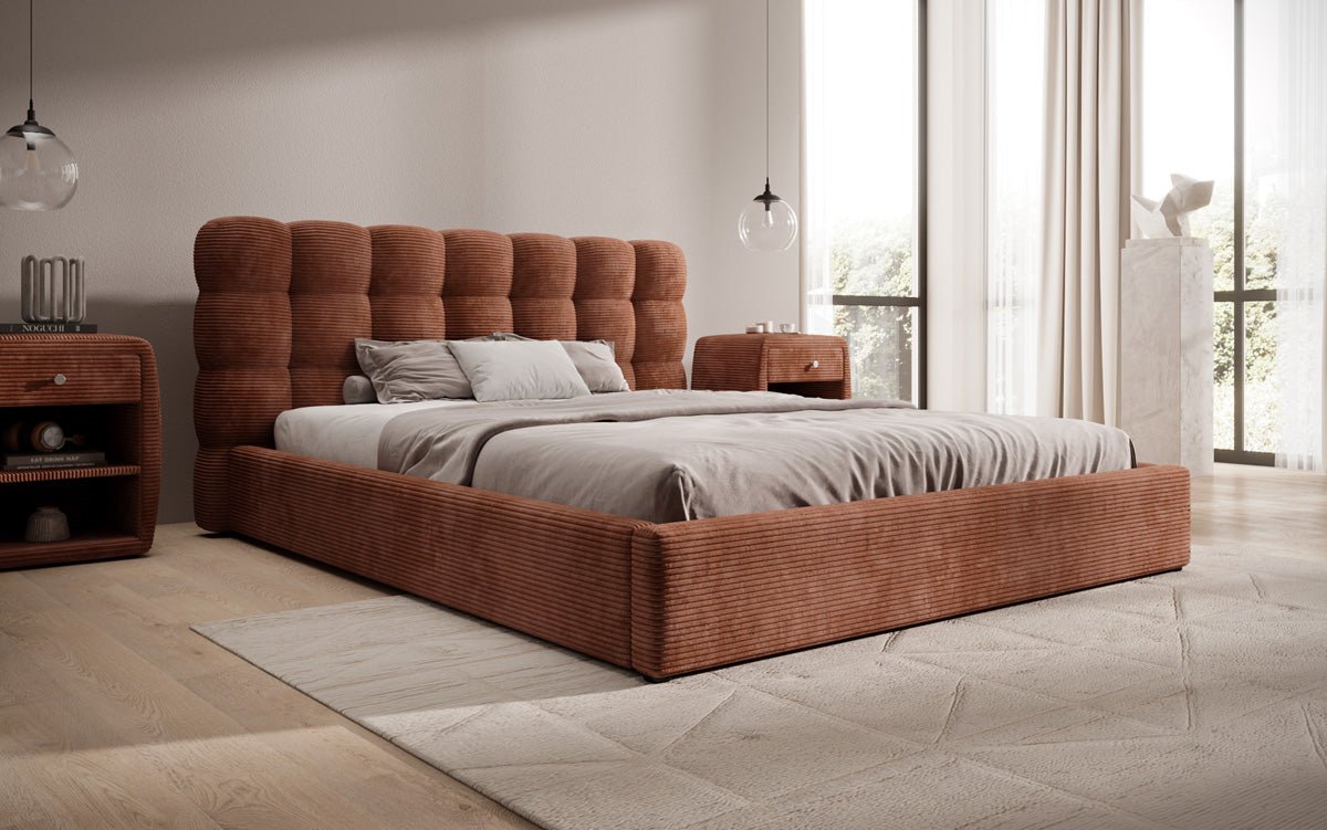 Lit rembourré design Calivo en côtelé avec rangement