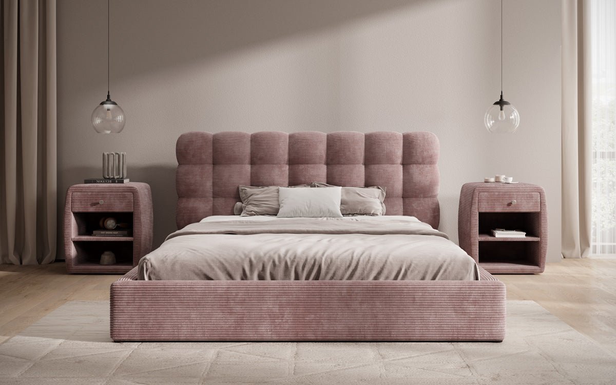 Lit rembourré design Calivo en côtelé avec rangement