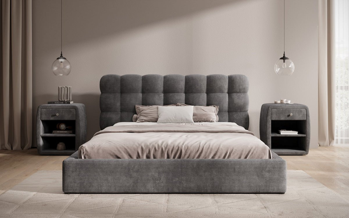 Lit rembourré design Calivo en côtelé avec rangement