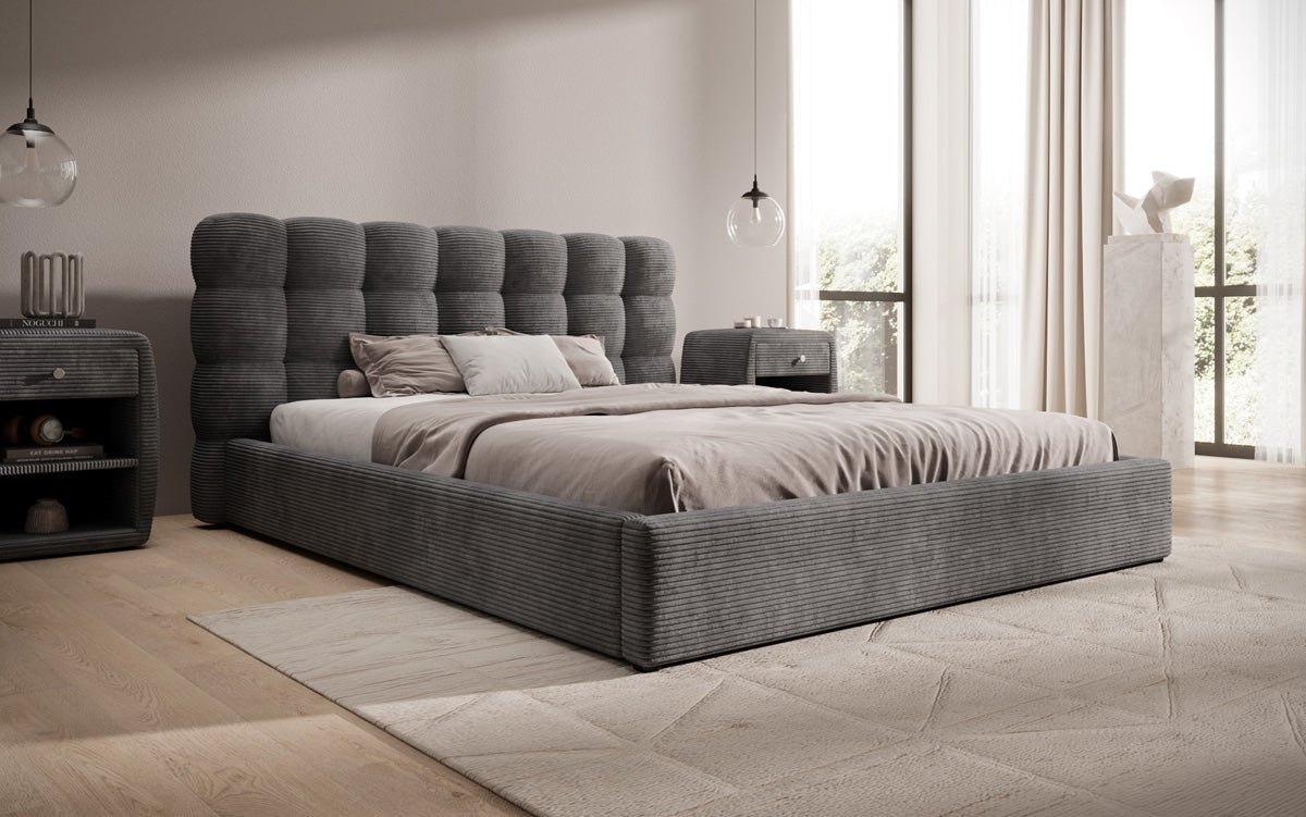 Lit rembourré design Calivo en côtelé avec rangement