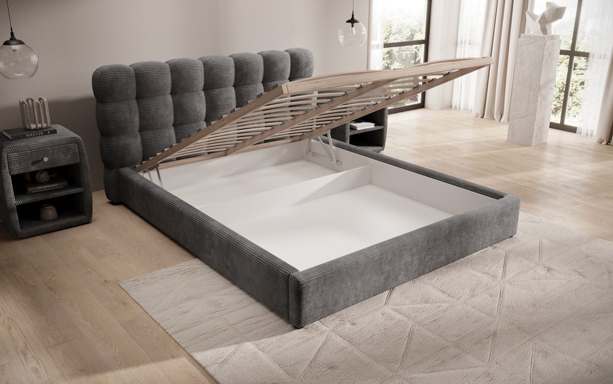 Lit rembourré design Calivo en côtelé avec rangement