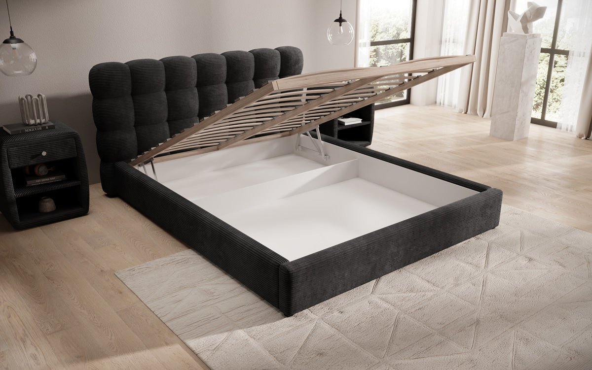 Lit rembourré design Calivo en côtelé avec rangement