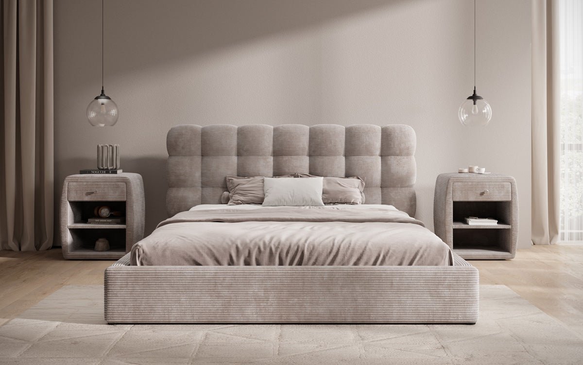 Lit rembourré design Calivo en côtelé avec rangement