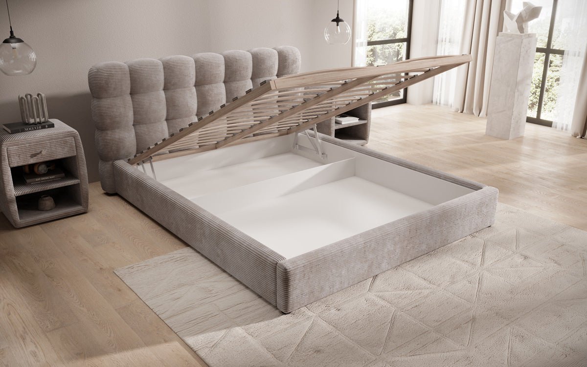 Lit rembourré design Calivo en côtelé avec rangement