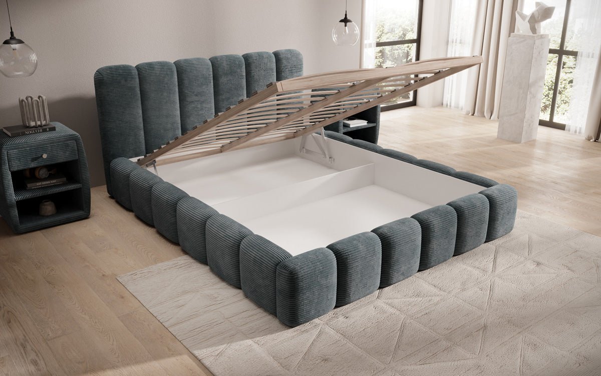 Designert Polsterbett Tevara a Cord mat Stauplaz
