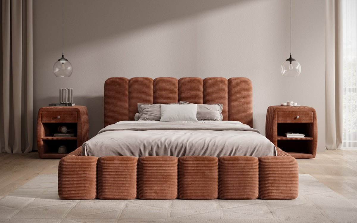 Designert Polsterbett Tevara a Cord mat Stauplaz