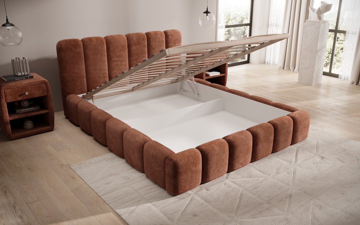 Designert Polsterbett Tevara a Cord mat Stauplaz