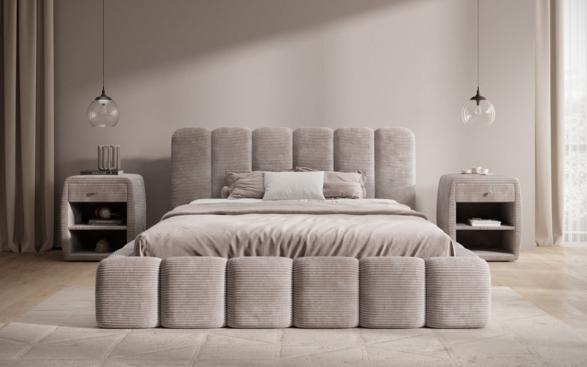 Designert Polsterbett Tevara a Cord mat Stauplaz