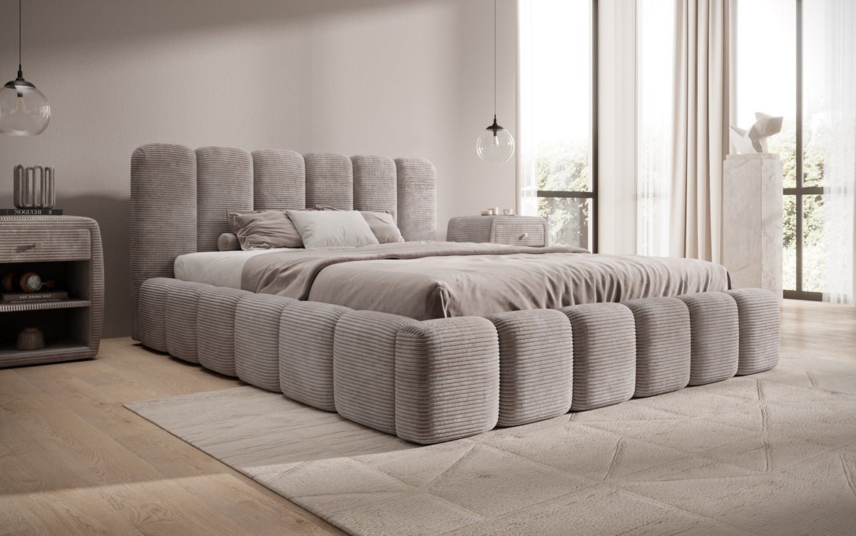 Designer upholstered bed Tevara in corduroy with storage space