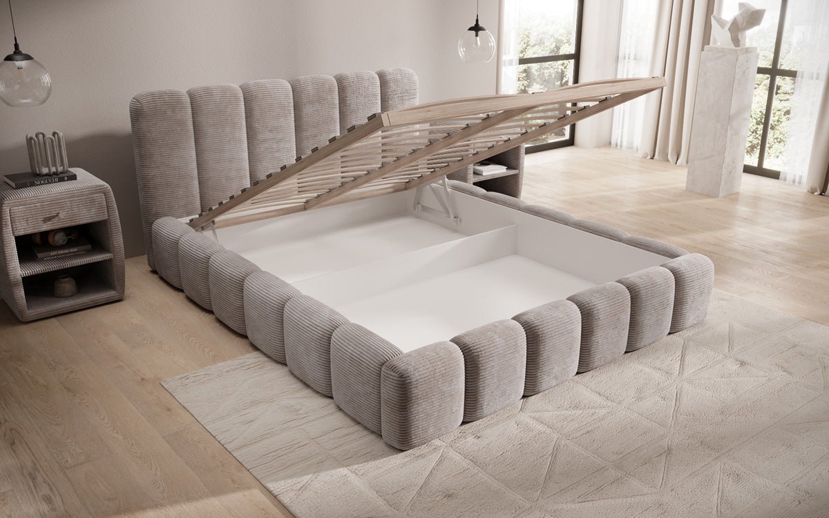 Designert Polsterbett Tevara a Cord mat Stauplaz