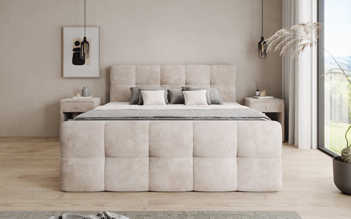 Lit boxspring Cozy en côtelé avec espace de rangement