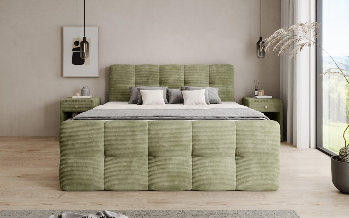 Lit boxspring Cozy en côtelé avec espace de rangement