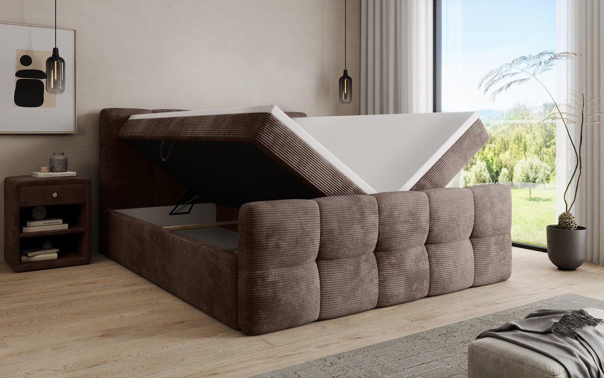 Lit boxspring Cozy en côtelé avec espace de rangement