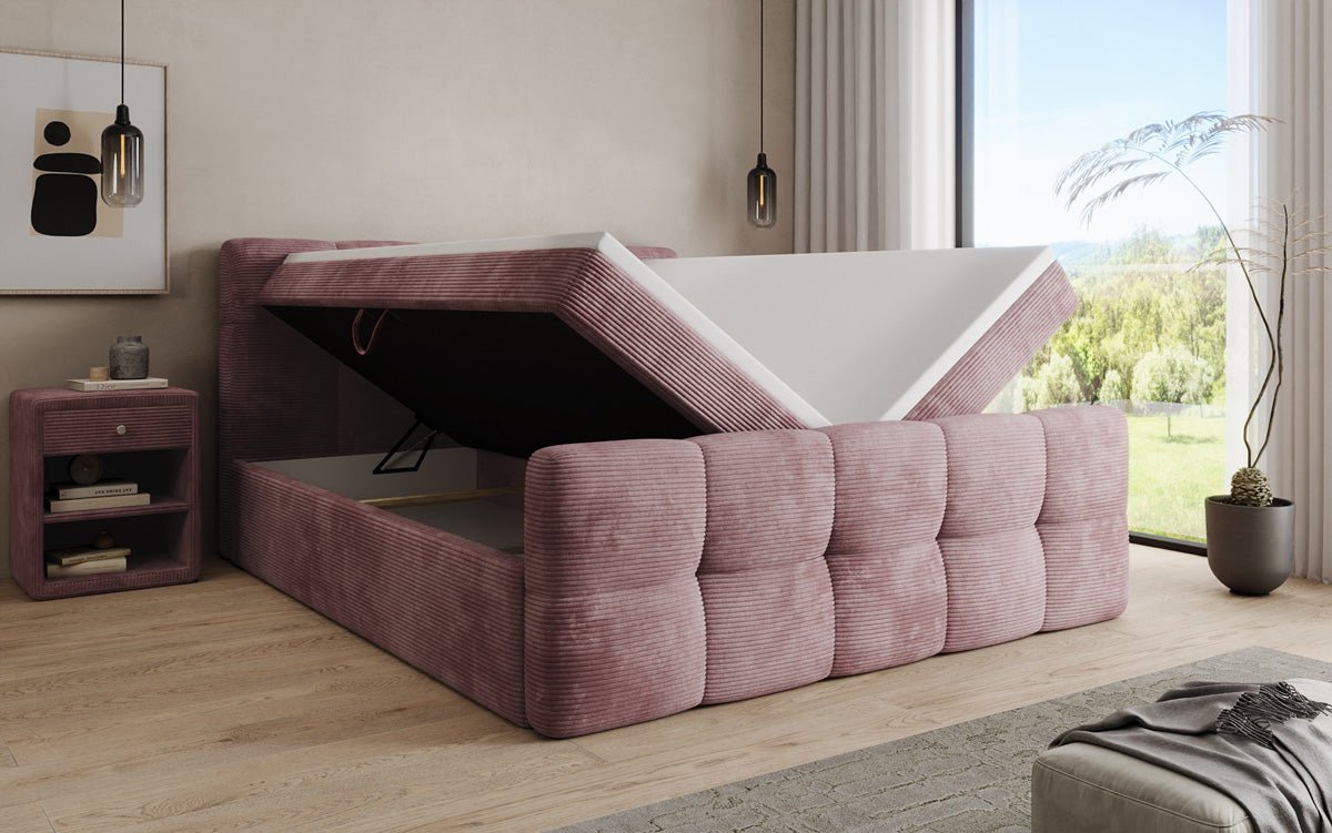 Lit boxspring Cozy en côtelé avec espace de rangement