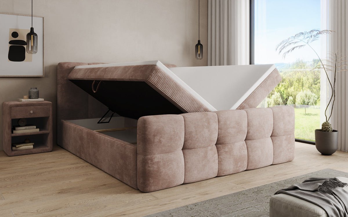 Lit boxspring Cozy en côtelé avec espace de rangement