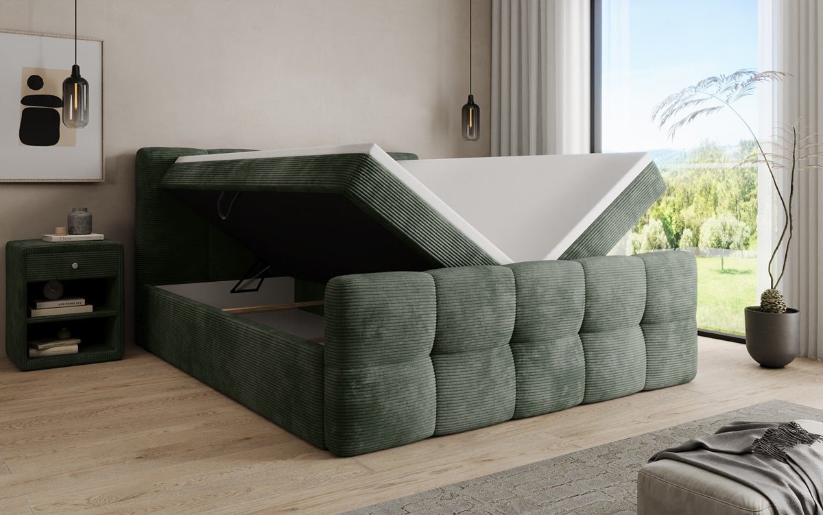 Lit boxspring Cozy en côtelé avec espace de rangement