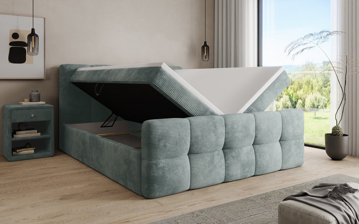 Lit boxspring Cozy en côtelé avec espace de rangement