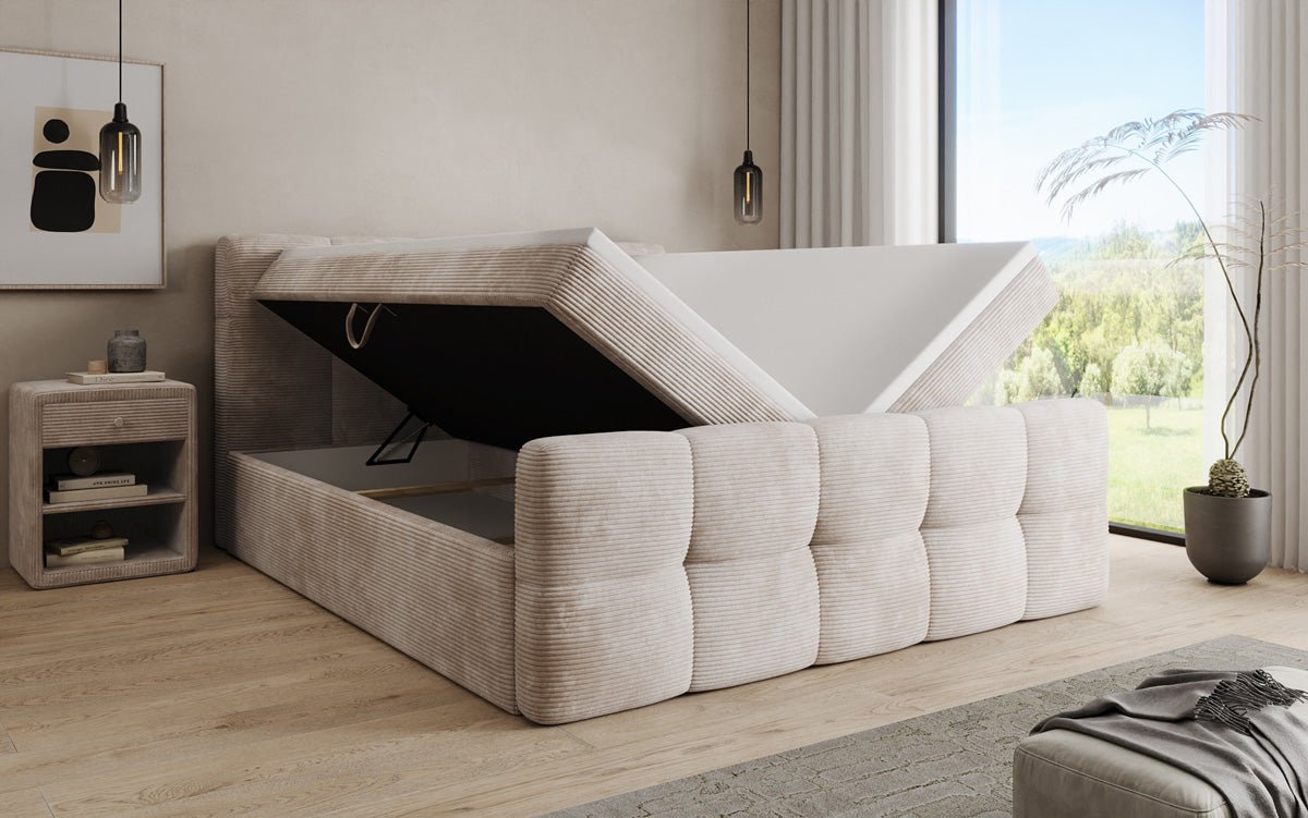 Lit boxspring Cozy en côtelé avec espace de rangement
