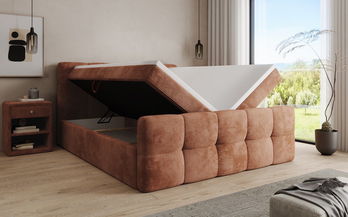 Lit boxspring Cozy en côtelé avec espace de rangement