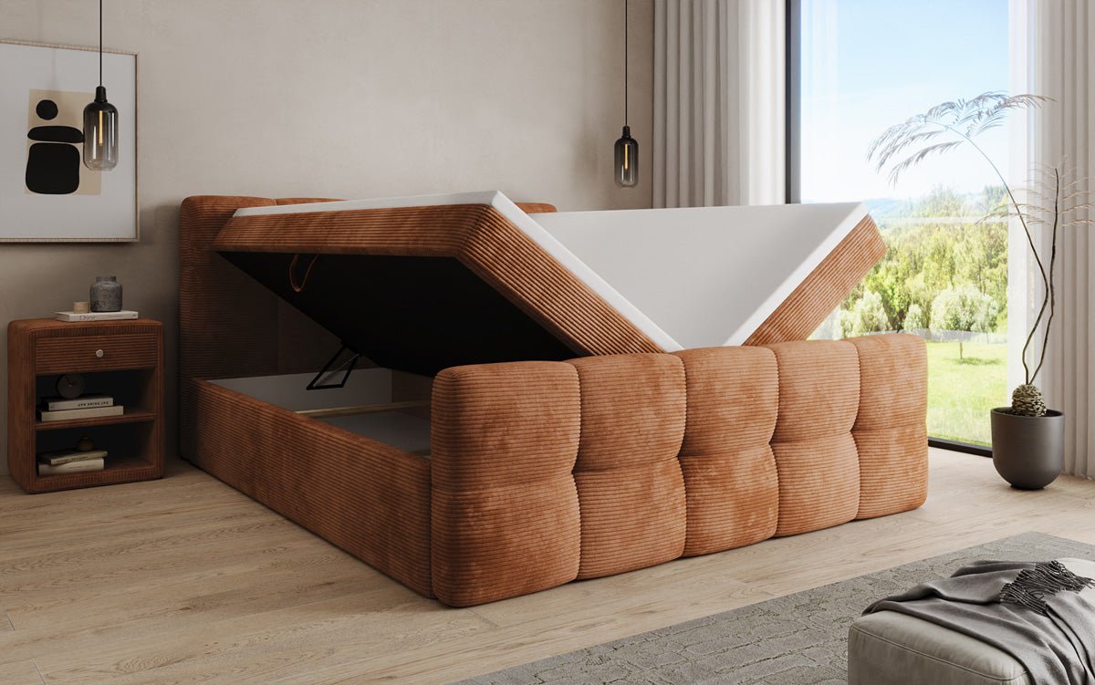 Lit boxspring Cozy en côtelé avec espace de rangement